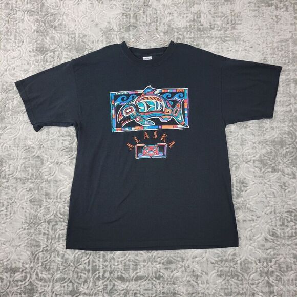 Alaska Salmon T Shirt Mens XL Extra Large Black Fishing Salmon Colorful - Picture 1 of 7